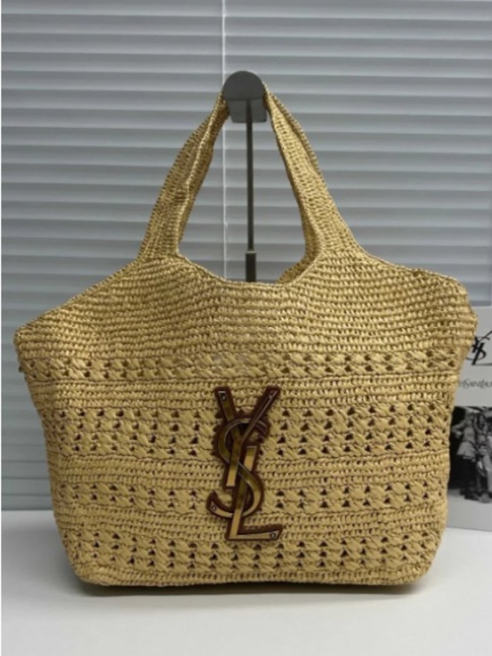 YSL .Beige Straw Crochet Tote with YSL Logo